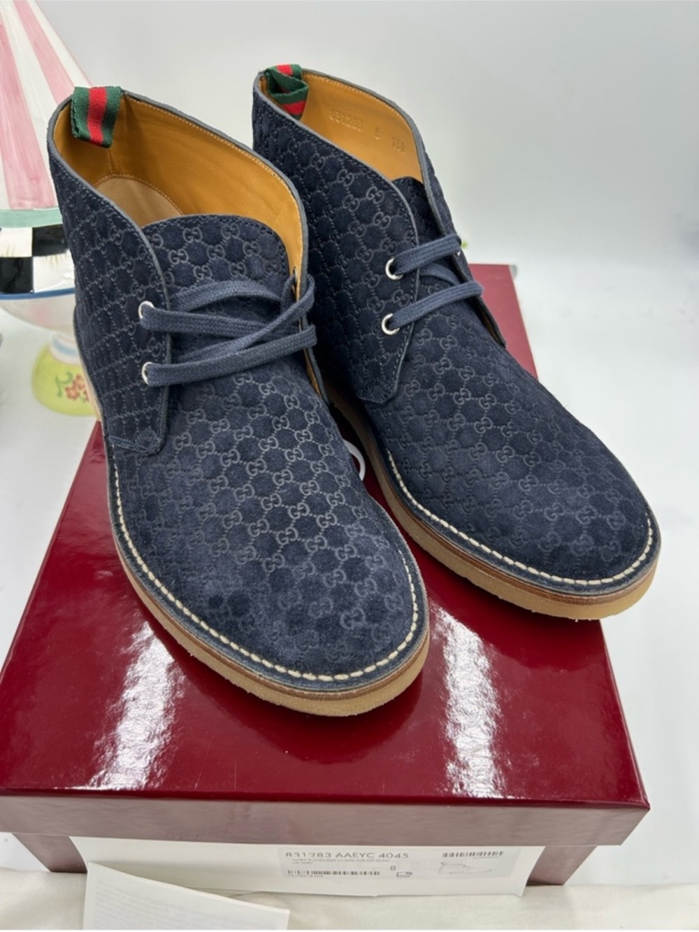 Gucci Navy MOREAU Suede GG Jacquard BOOTS . Size 8 fits 9. - Picture 3 of 9